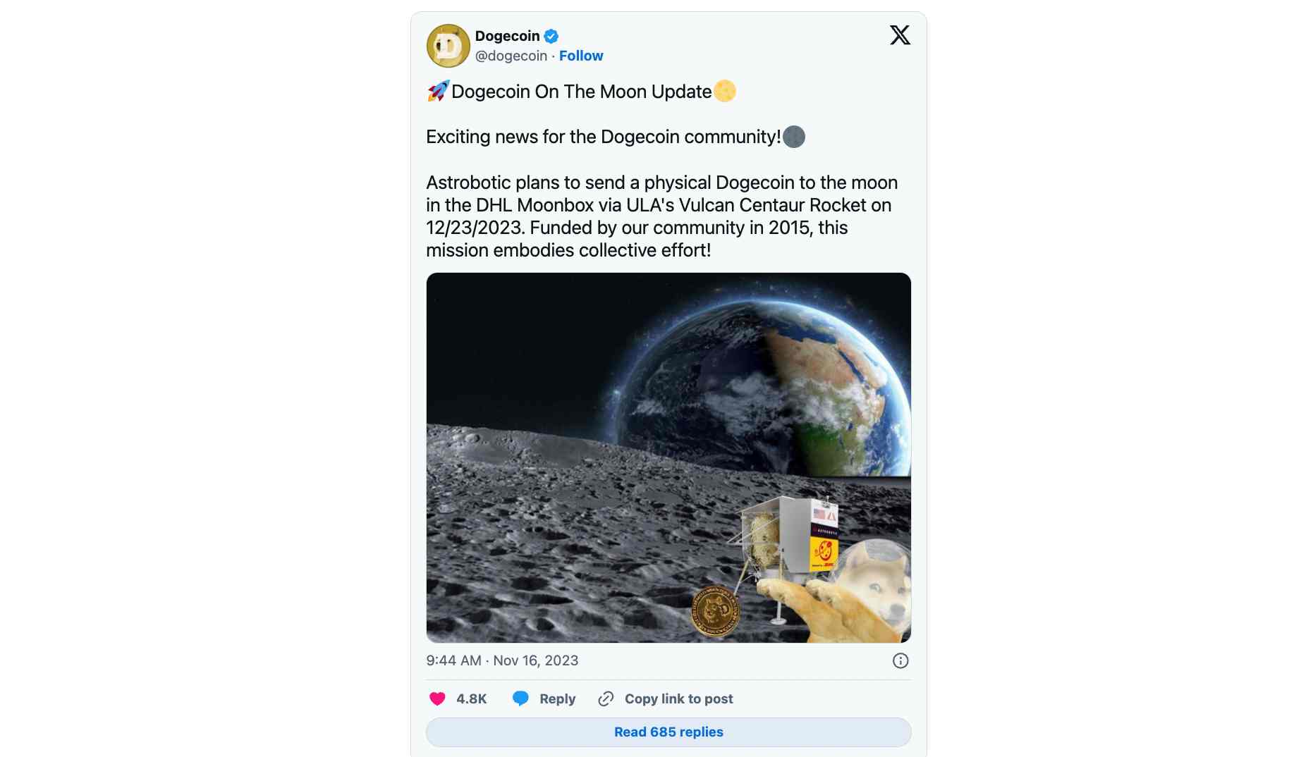 Кошелек с Dogecoin планируют отправить на Луну
