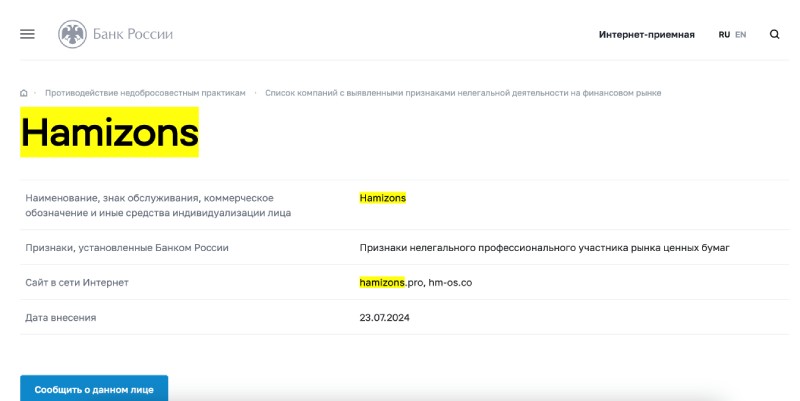 Hamizons — международный финансовый посредник, который никому деньги не выплачивает