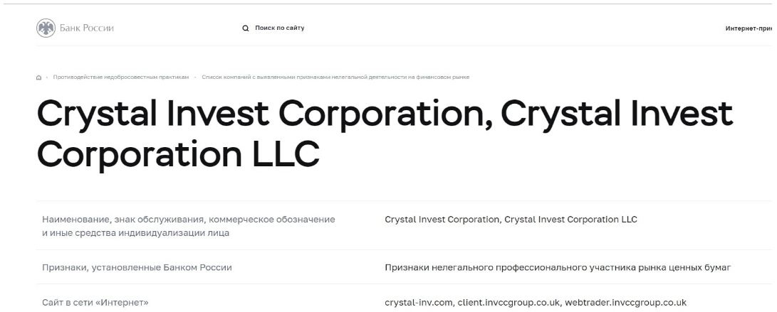 Crystal Invest Corporation — разоблачение лжеброкера